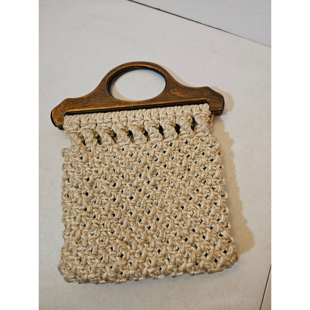 Vintage handmade macrame boho hippie retro bag purse with wood handles